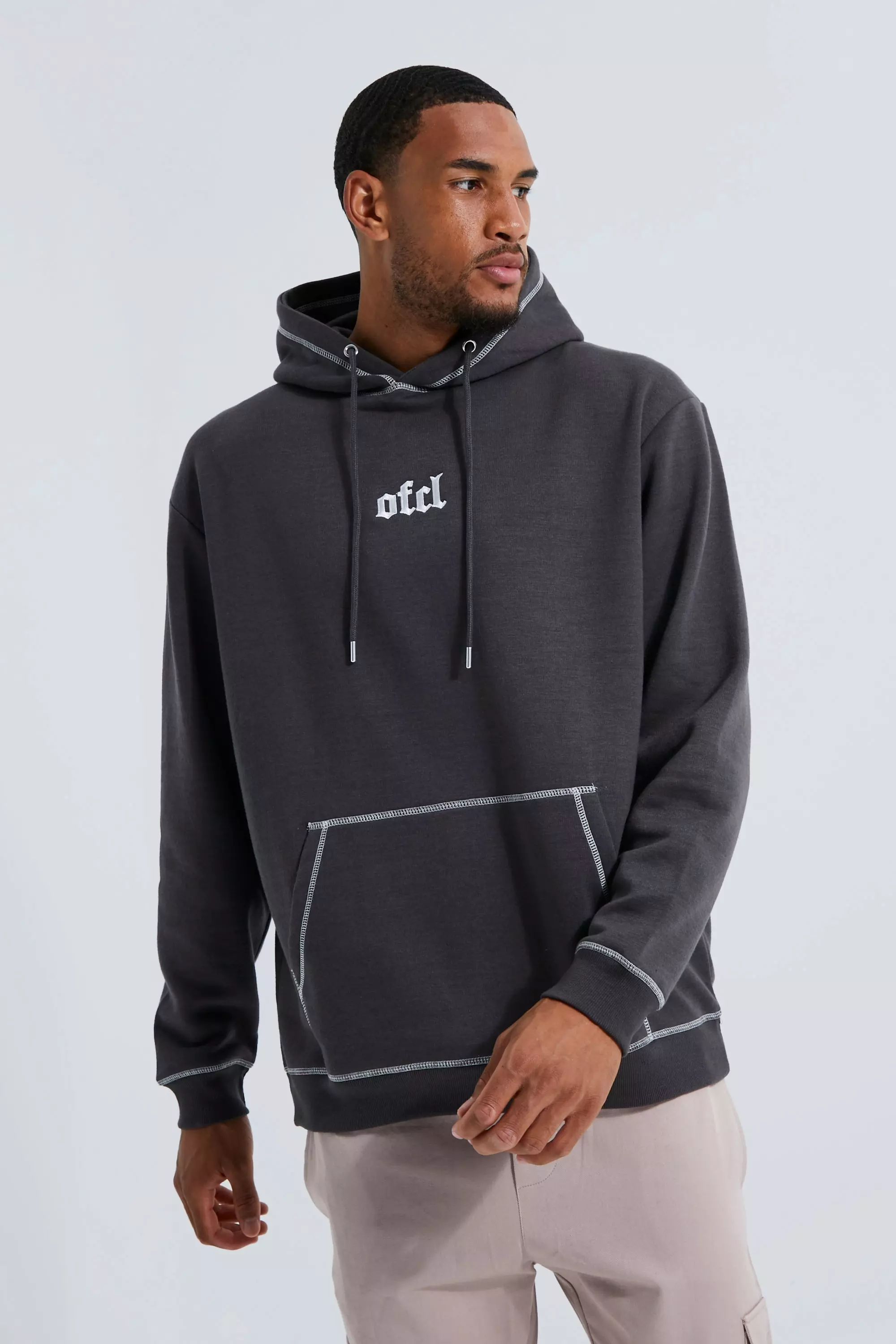 Tall Loose Fit Ofcl Contrast Stitch Hoodie | boohooMAN USA